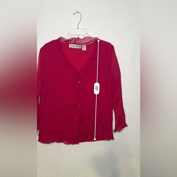 Victoria Holly vintage 90s pink silk button up blouse with ruffle top - Picture 3 of 6